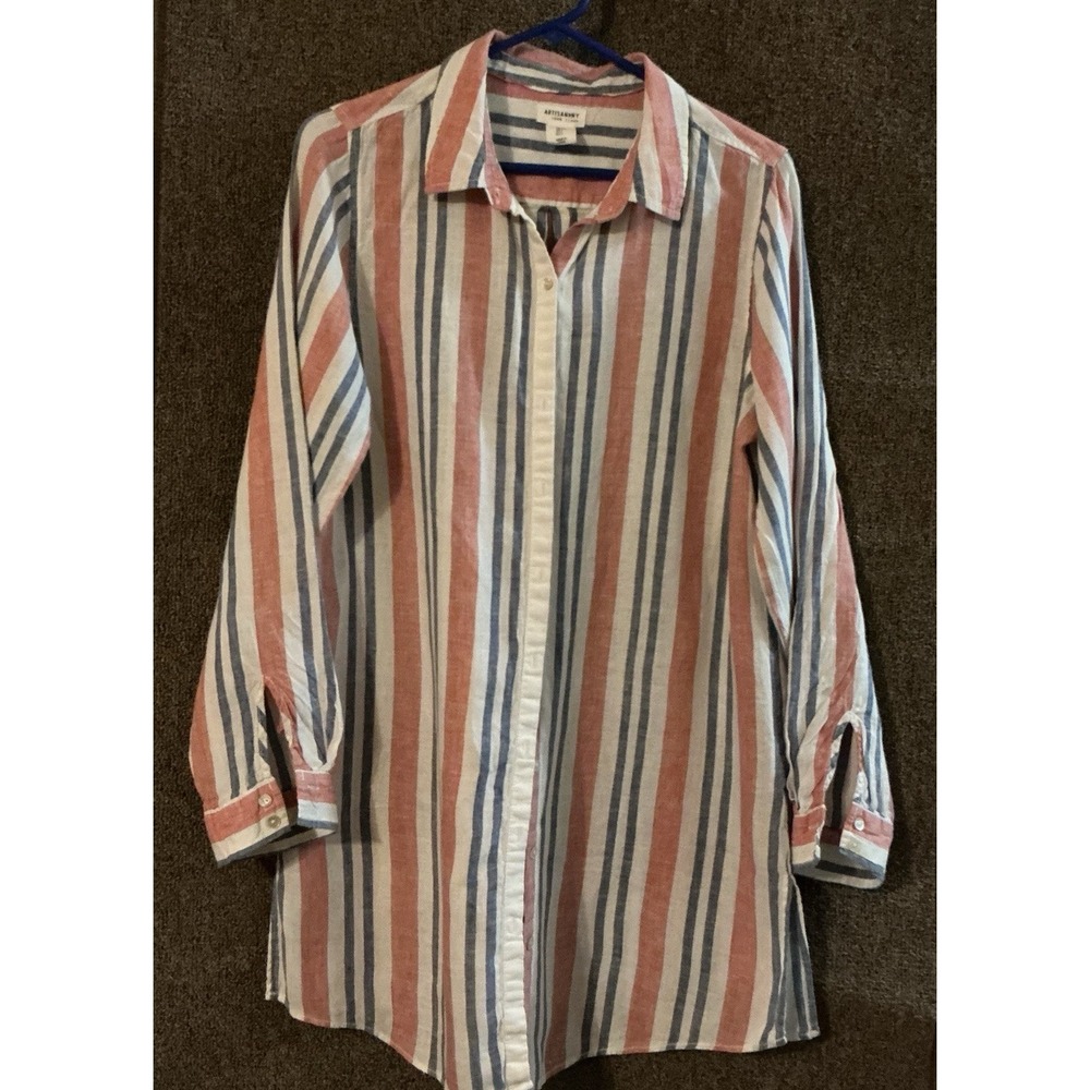 Artisan NY Women Linen Blouse Tunic Button Up Long Sleeve Roll Tab L Strip BOHO